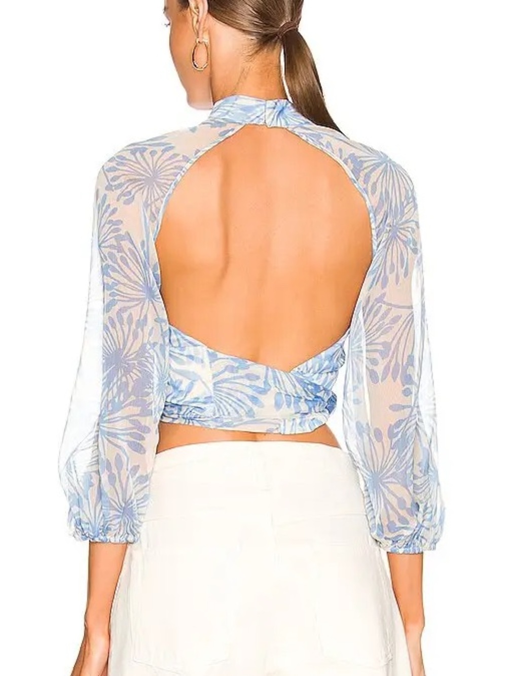 Amanda Uprichard Light Blue Floral Sheer Tie-Waist Crop Top Size S - Picture 3 of 16